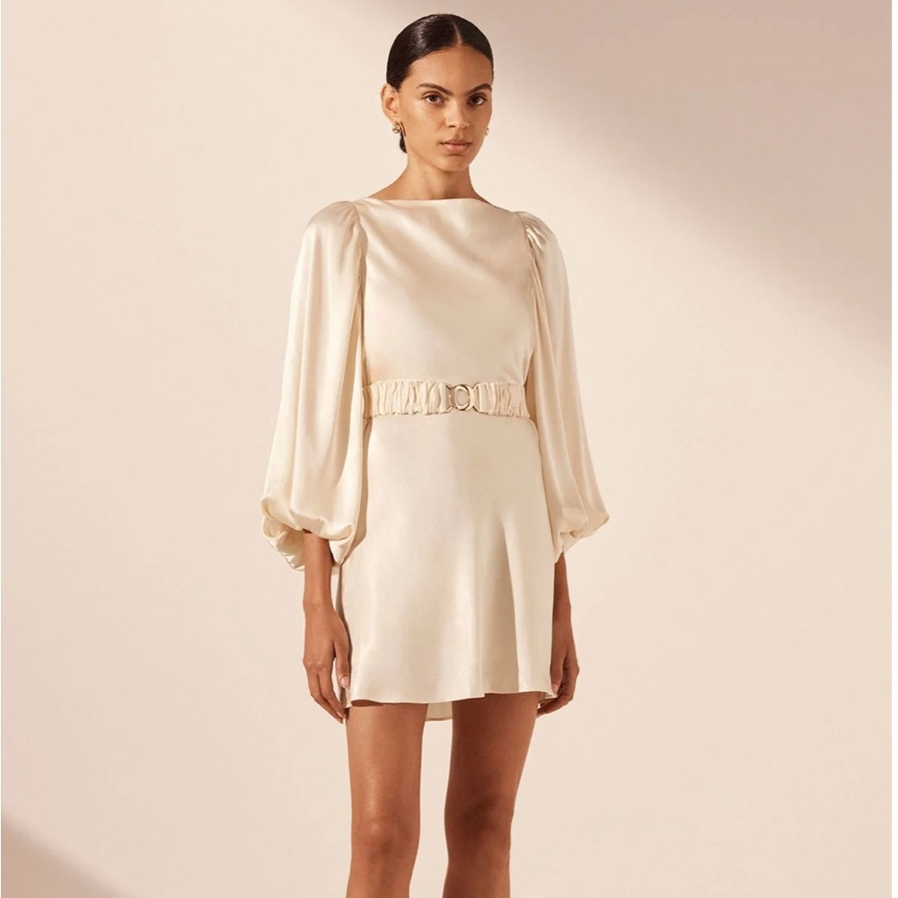 La Lune Balloon Sleeve Mini Dress With Belt - Cream